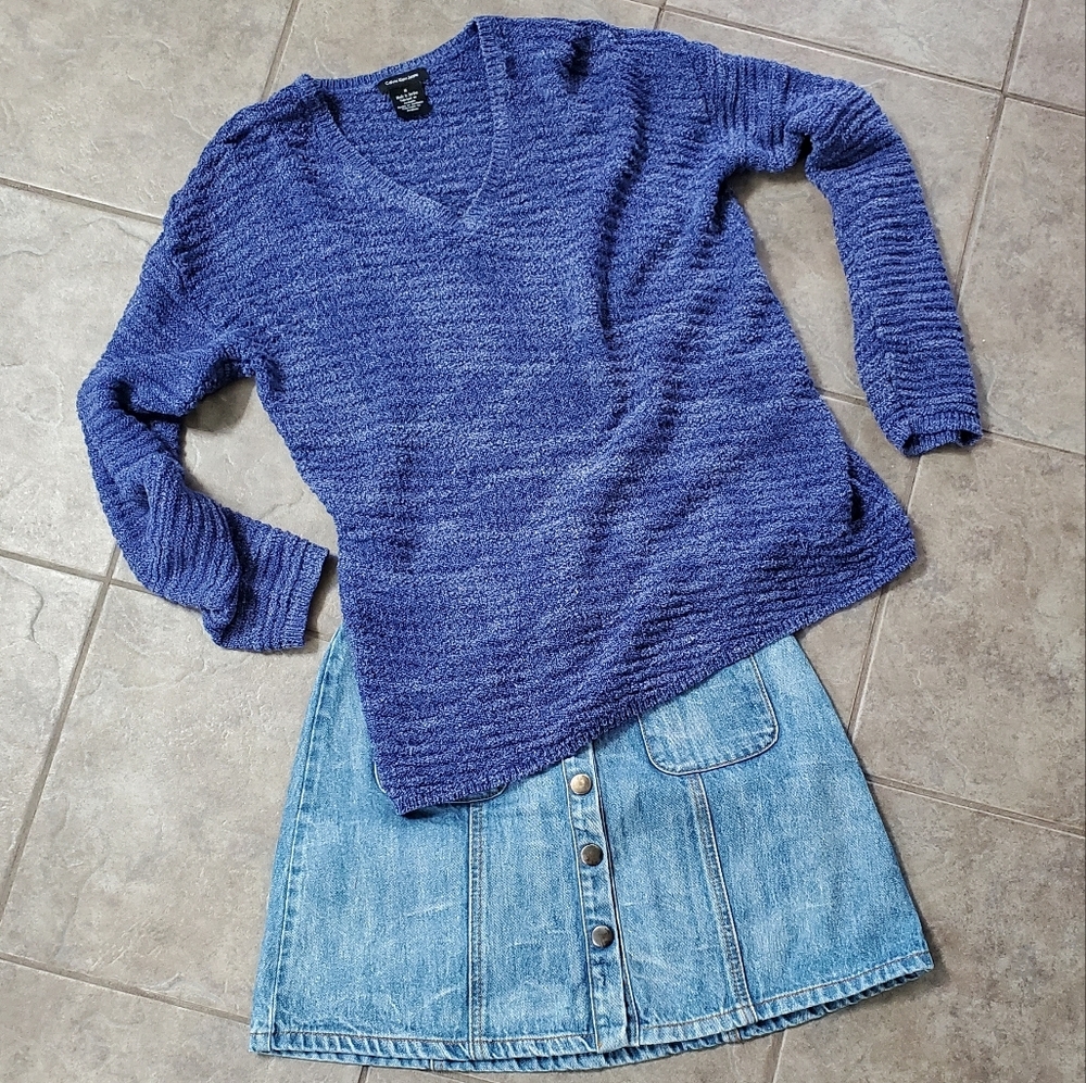 Calvin Klein Jeans Sweater Boucle Blue V-neck Pullover Textured Medium Knit Top